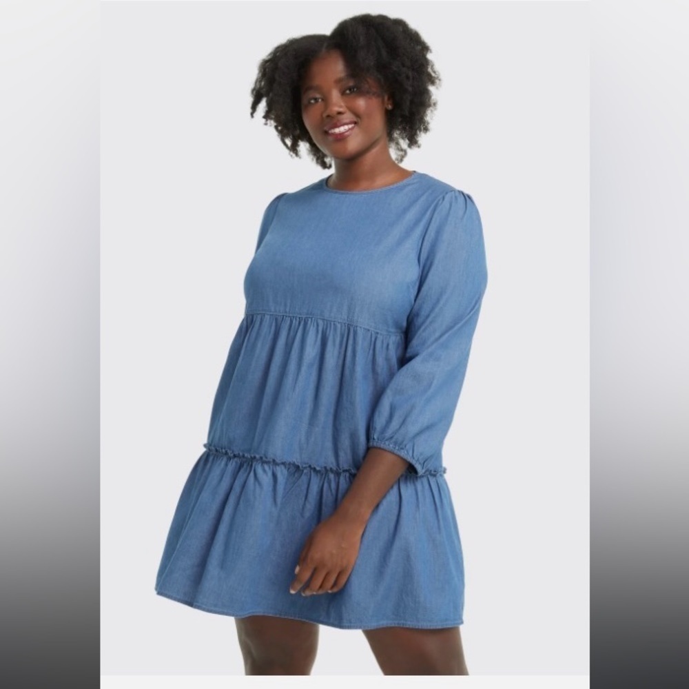 Draper James Tiered Trapeze Dress In Chambray Blue Size S!